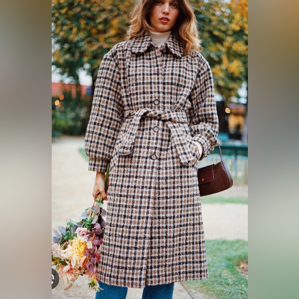 Rouje Gerard Wool Coat Checked Belted Wool-Blend Coat in Brown & Cream